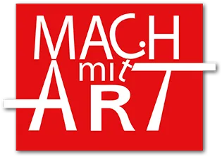 Logo MACHmitART - roter Hintergrund mit weißer moderner Schrift - moder ART Style